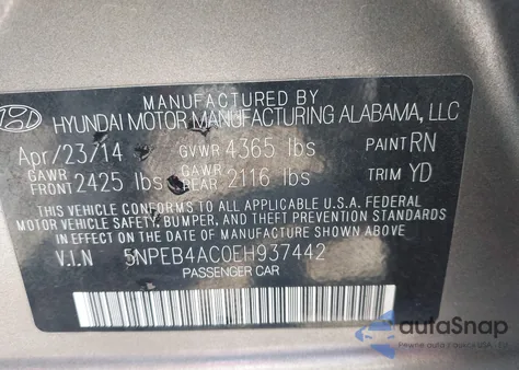 2014 Hyundai Sonata Gls из США, поврежденный, VIN 5NPEB4AC0EH937442